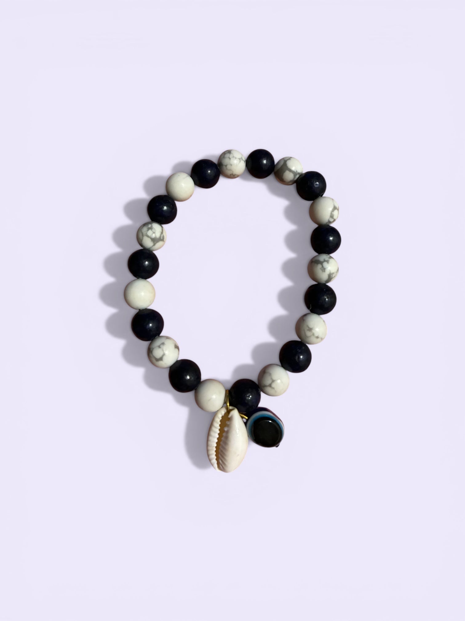 Lapis Lazuli & Howlite Bracelet with Evil Eye & Cowrie Charm – Wisdom, Calm & Protection